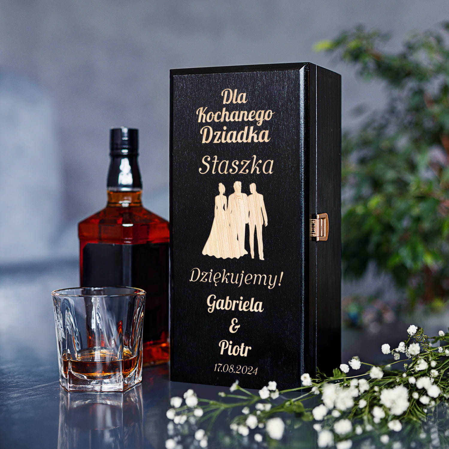 Skrzynka Na Alkohol z Grawerem Podziękowanie dla Dziadka - Podziękowanie dla Dziadków na Ślub - Dla Kochanego Dziadka - Czarna