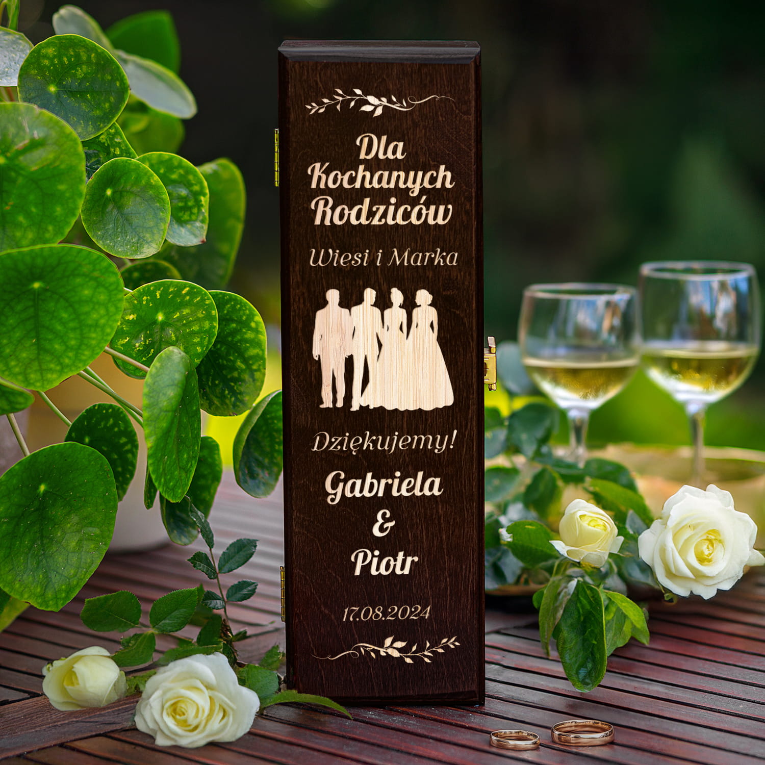 Skrzynka Na Wino z Grawerem Podziękowanie dla Rodziców - Prezent dla Rodziców na Ślub - Dla Kochanych Rodziców - Brąz