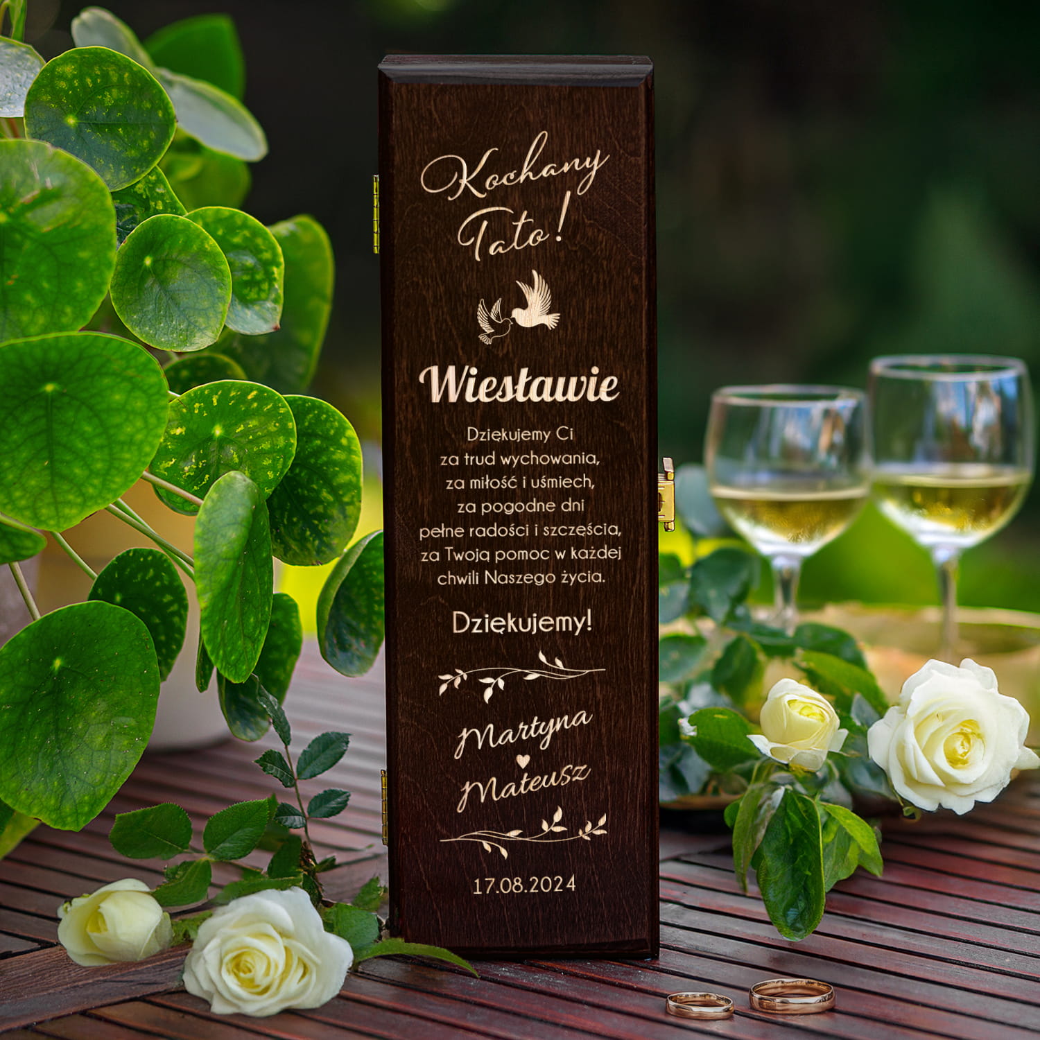 Skrzynka Na Wino z Grawerem Podziękowanie dla Taty - Podziękowanie dla Rodziców na Ślub - Kochany Tato - Brąz