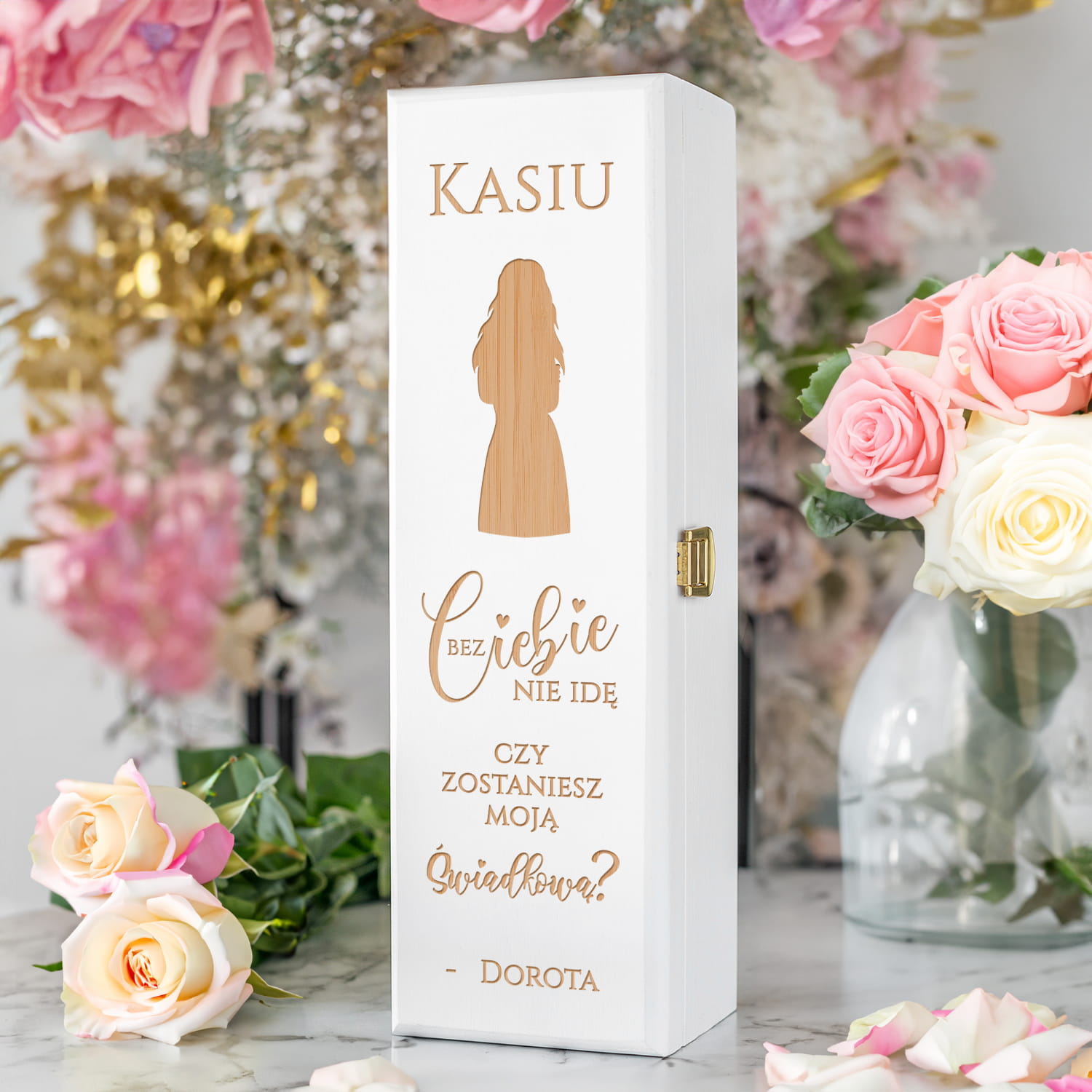 Skrzynka Na Wino dla Świadkowej - Prośba o Świadkowanie - Zaproszenie dla Świadkowej - Bez Ciebie nie idę - Biała