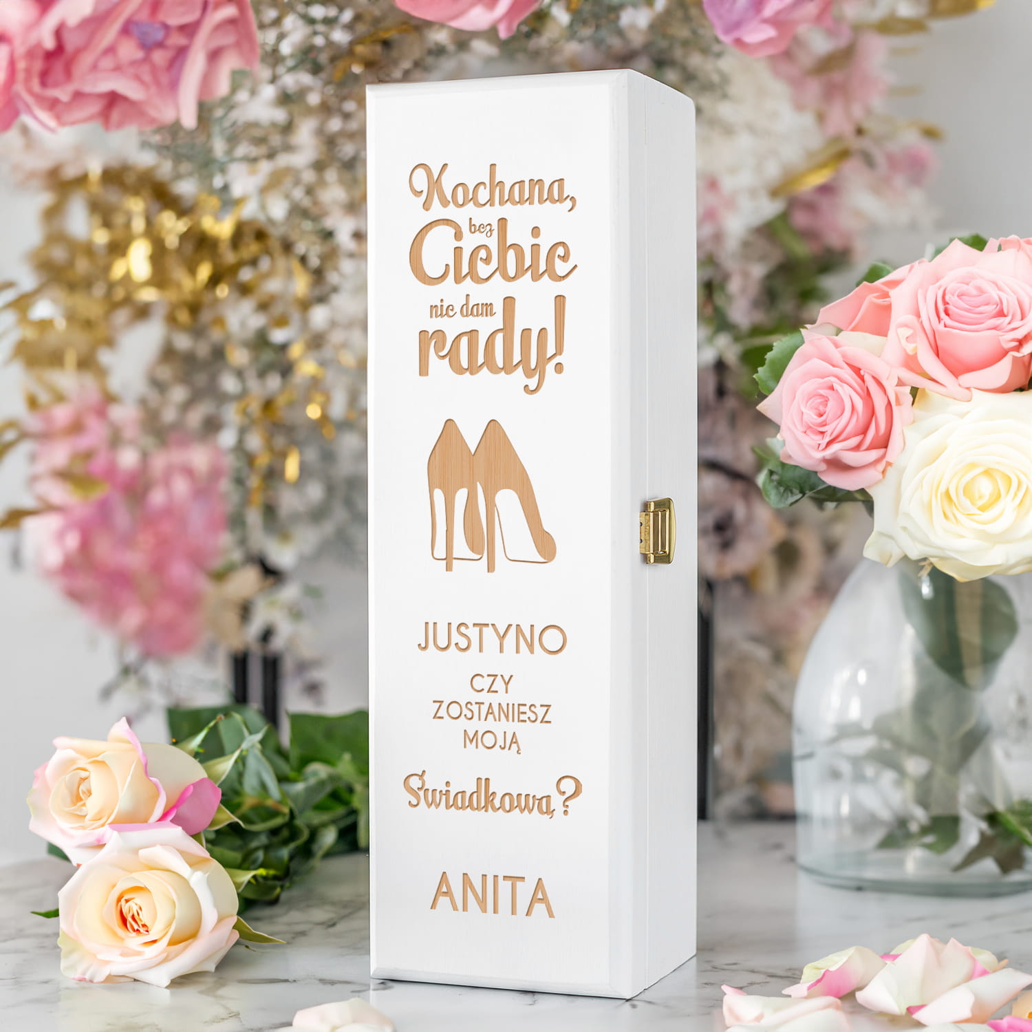 Skrzynka Na Wino dla Świadkowej - Prośba o Świadkowanie - Zaproszenie dla Świadkowej - Bez Ciebie Nie Dam Rady - Biała