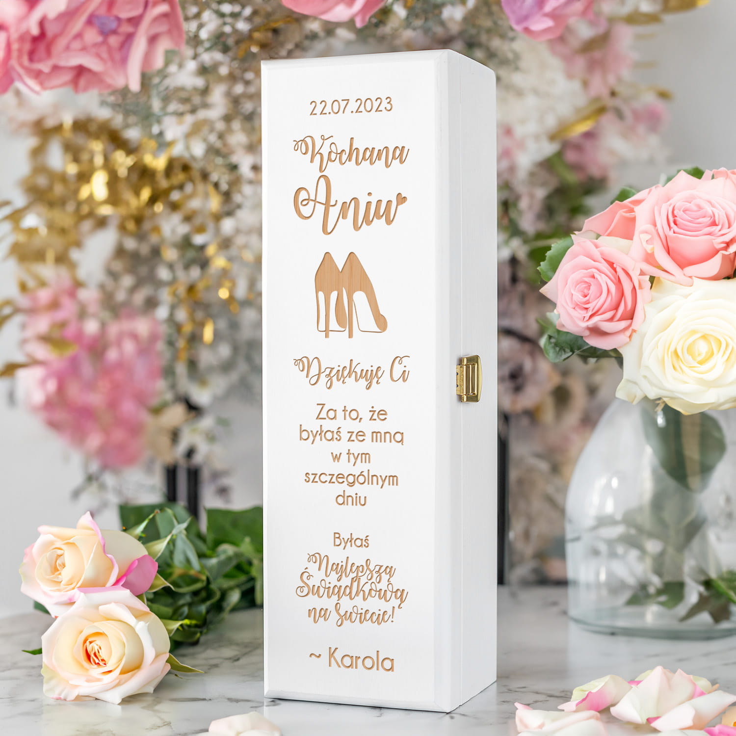 Skrzynka Na Wino dla Świadkowej - Podziękowanie dla Świadkowej - Kochana Dziękuję Ci - Biała