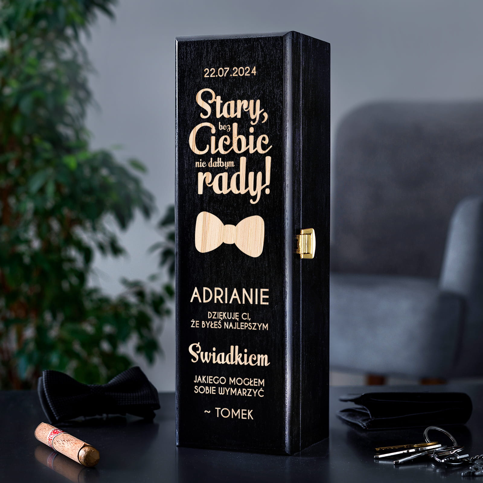 Skrzynka Na Wino dla Świadka - Podziękowanie dla Świadka - Bez Ciebie nie Dałbym Rady - Czarna