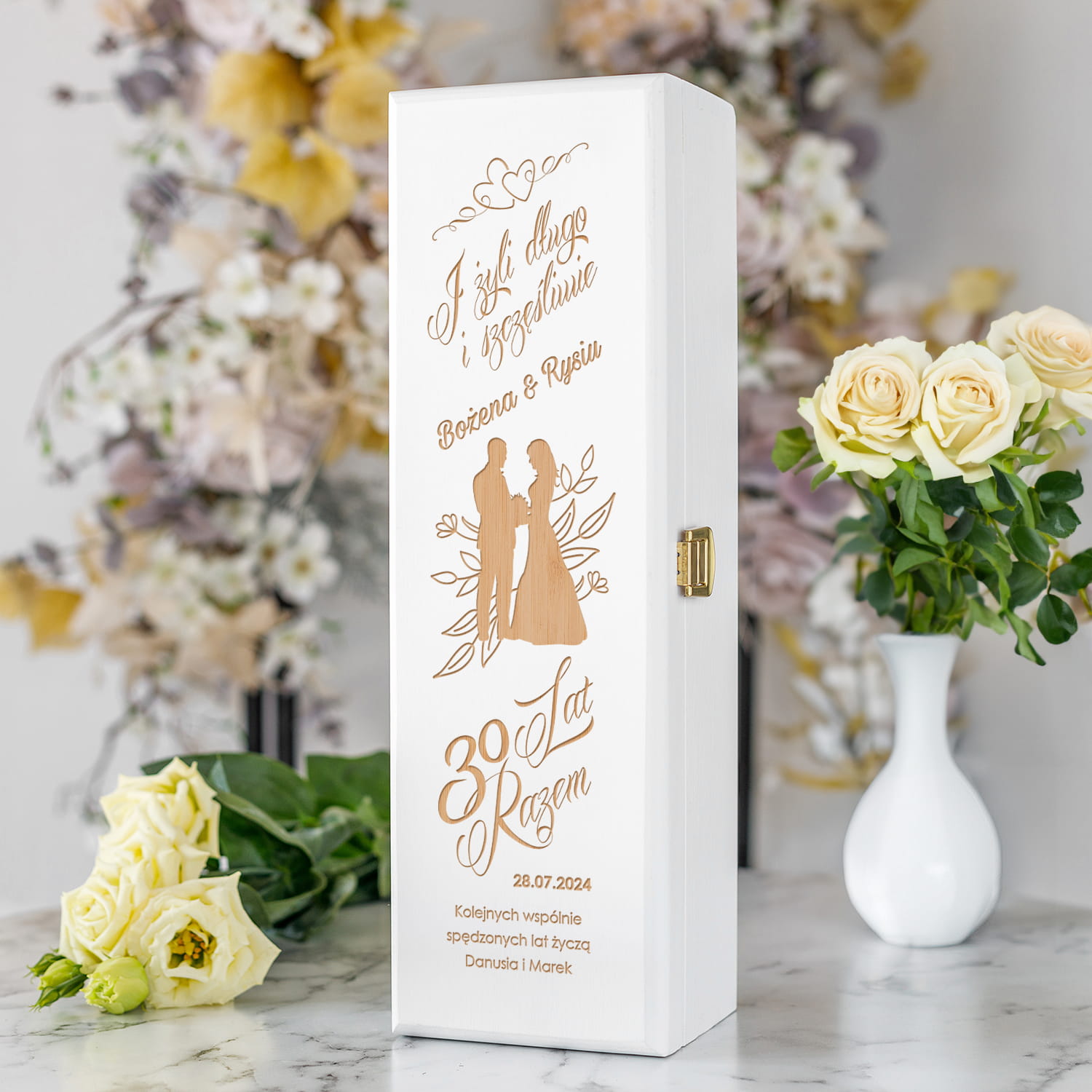 Skrzynka na Wino na Rocznicę Ślubu - Prezent z Okazji Rocznicy Ślubu - Żyli Długo i Szczęśliwie - Biała