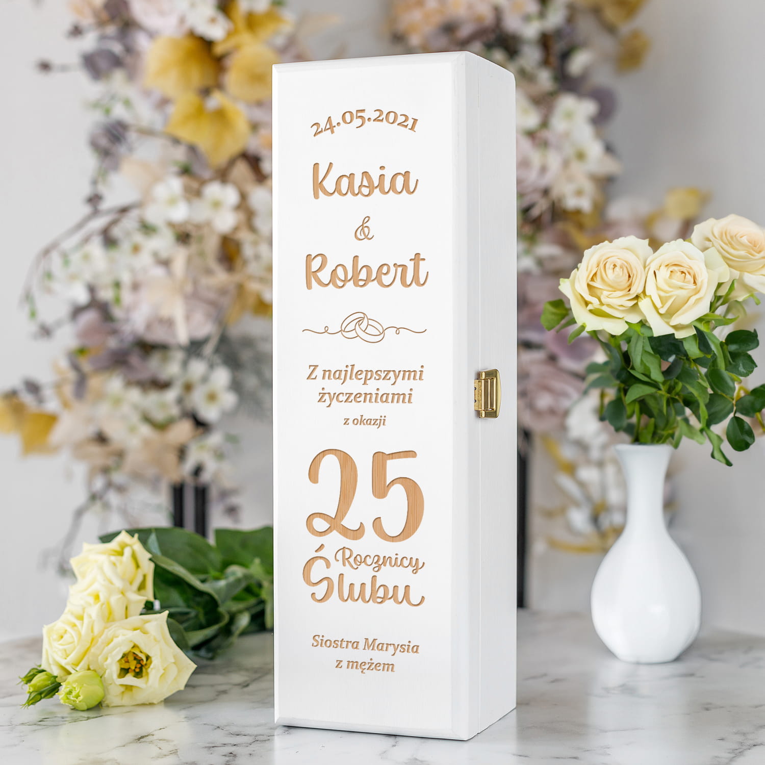 Skrzynka na Wino na Rocznicę Ślubu - Prezent z Okazji Rocznicy Ślubu - Z Najlepszymi Życzeniami - Biała