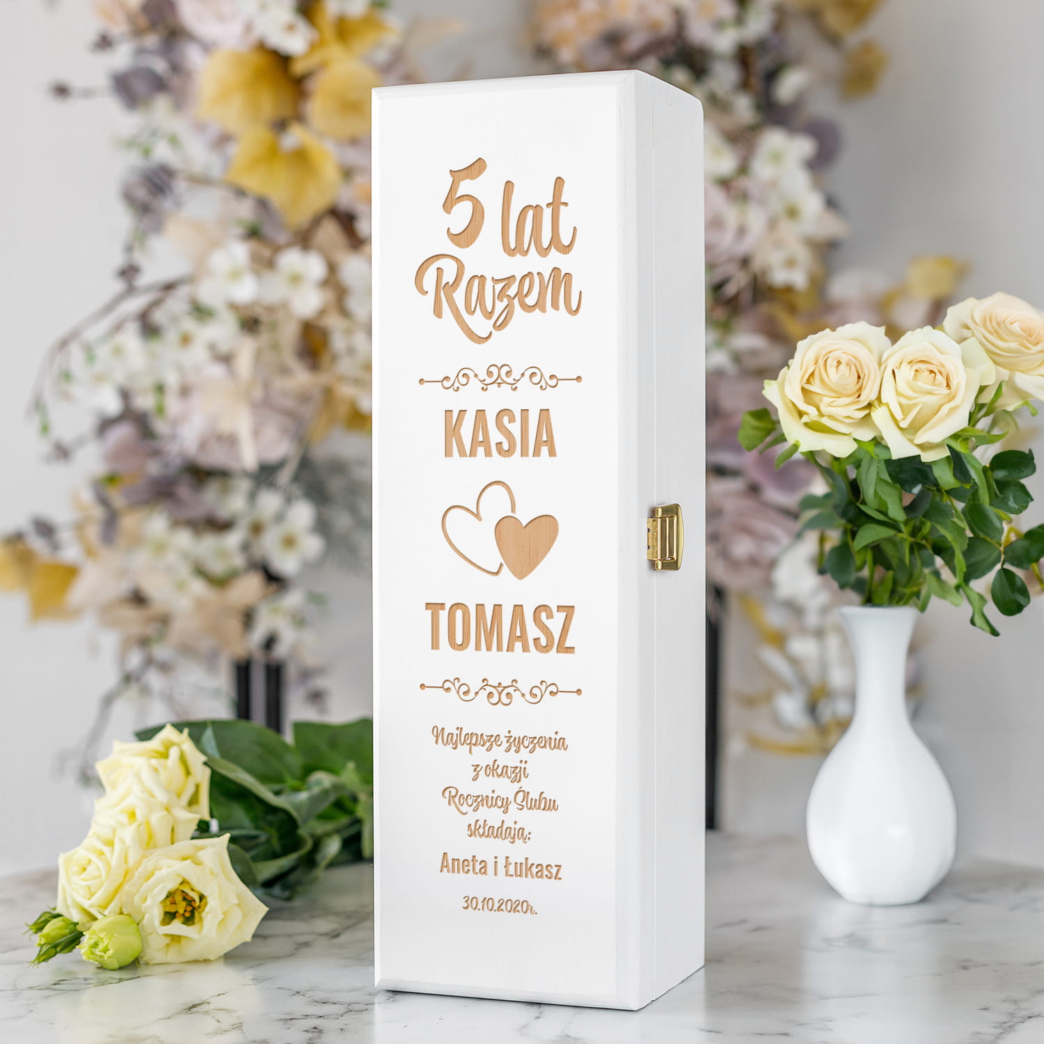 Skrzynka na Wino na Rocznicę Ślubu - Prezent z Okazji Rocznicy Ślubu - Najlepsze Życzenia Serca - Biała