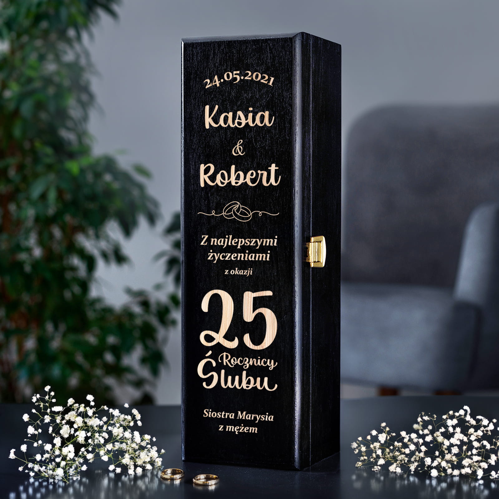 Skrzynka na Wino na Rocznicę Ślubu - Prezent z Okazji Rocznicy Ślubu - Z Najlepszymi Życzeniami - Czarna