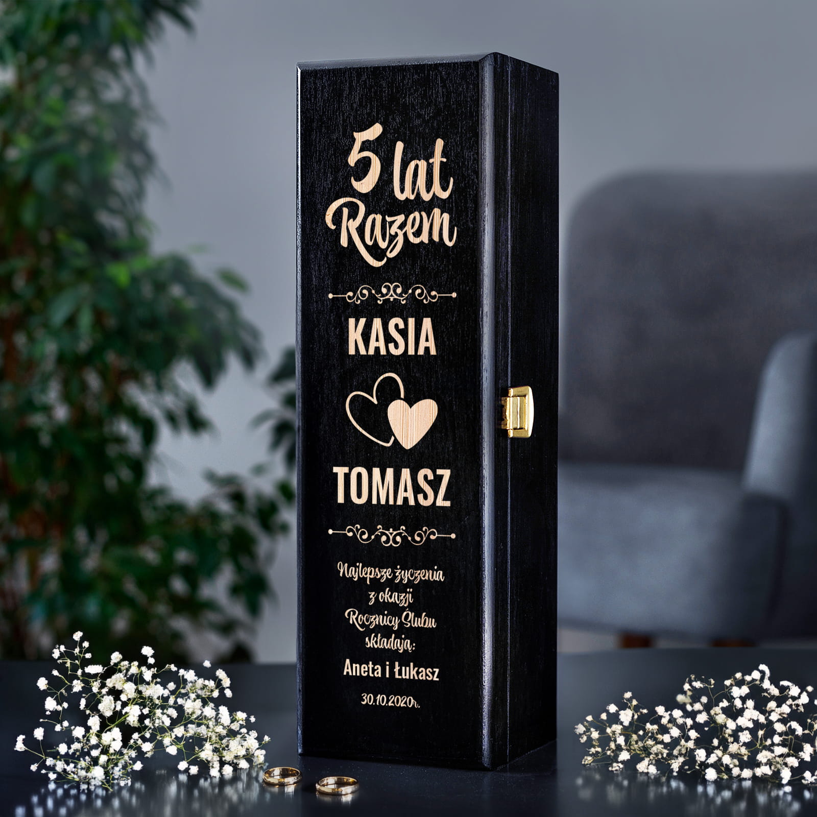 Skrzynka na Wino na Rocznicę Ślubu - Prezent z Okazji Rocznicy Ślubu - Najlepsze Życzenia Serca - Czarna