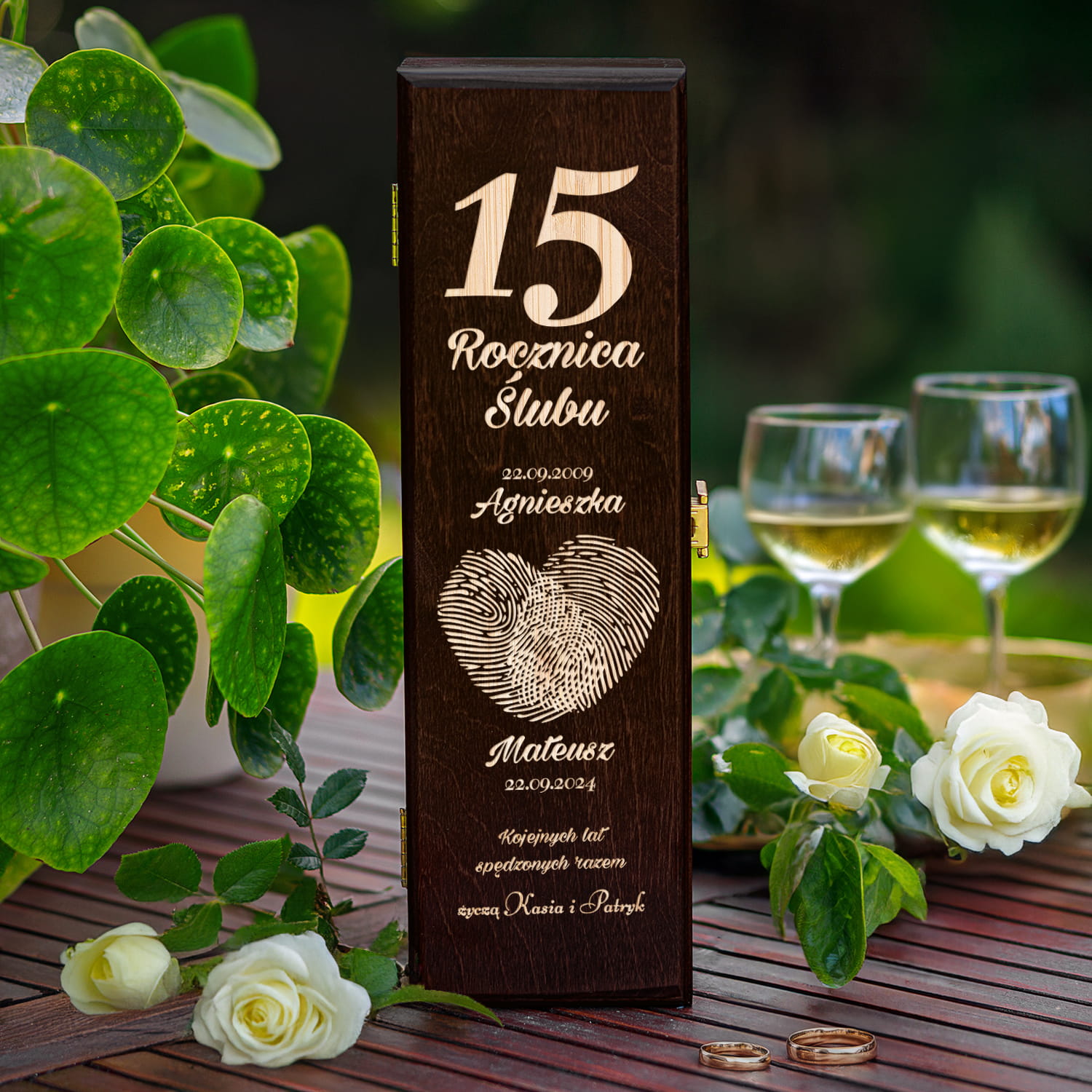 Skrzynka na Wino na Rocznicę Ślubu - Prezent z Okazji Rocznicy Ślubu - Rocznica Ślubu Odciski - Brąz