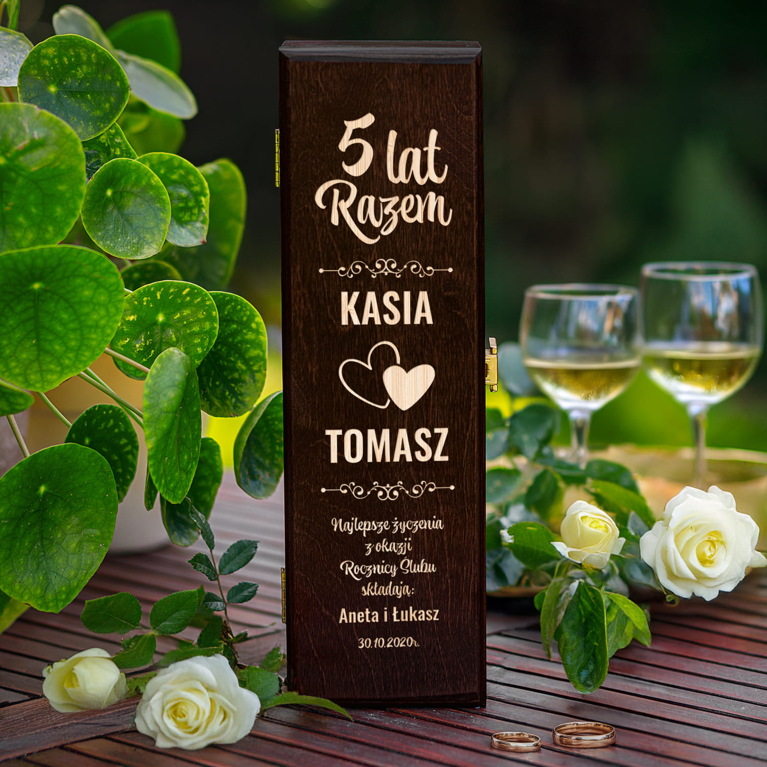Skrzynka na Wino na Rocznicę Ślubu - Prezent z Okazji Rocznicy Ślubu - Najlepsze Życzenia Serca - Brąz