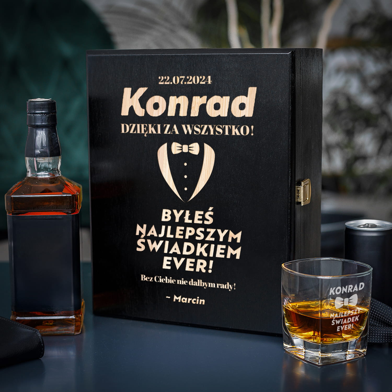 Zestaw Skrzynka na Whisky + Szklanka z Grawerem dla Świadka - Podziękowanie dla Świadka Świadkowanie - Najlepszy Świadek Ever
