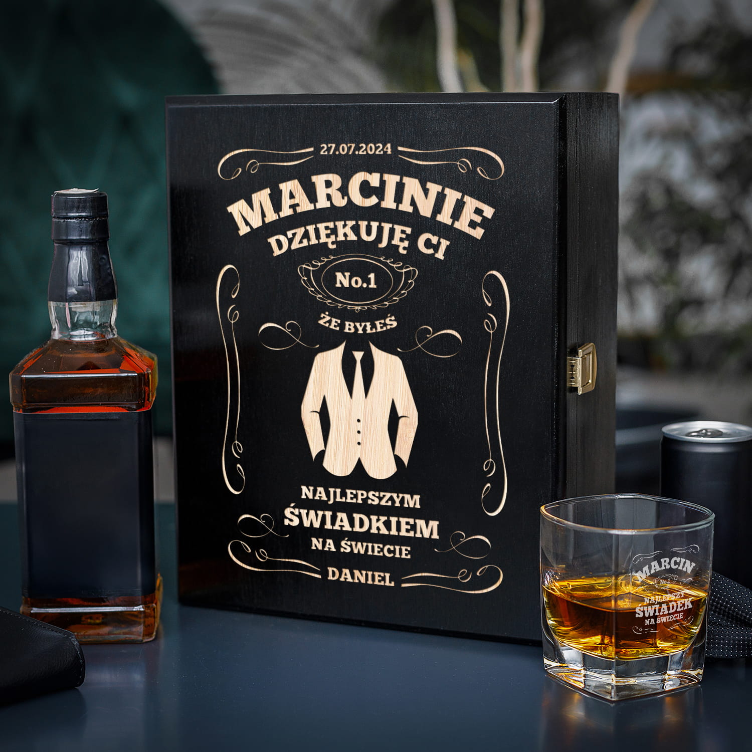Zestaw Skrzynka na Whisky + Szklanka z Grawerem dla Świadka Świadkowanie - Podziękowanie dla Świadka - Dziękuję Ci