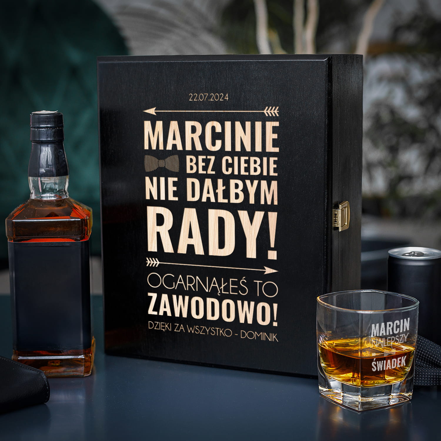 Zestaw Skrzynka na Whisky + Szklanka z Grawerem dla Świadka - Podziękowanie dla Świadka Świadkowanie - Ogarnąłeś to Zawodowo