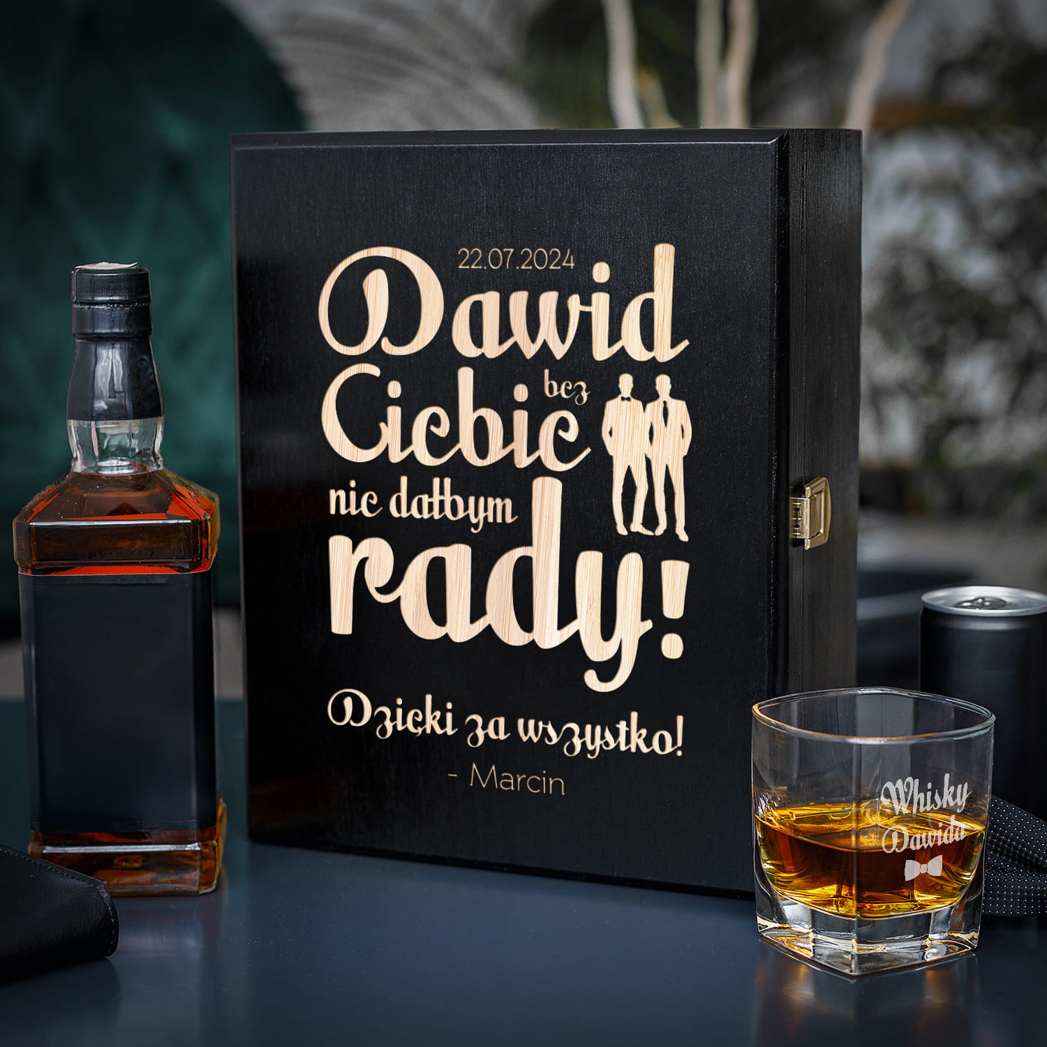 Zestaw Skrzynka na Whisky + Szklanka z Grawerem dla Świadka - Podziękowanie dla Świadka Świadkowanie - Bez Ciebie Nie Dałbym Rady
