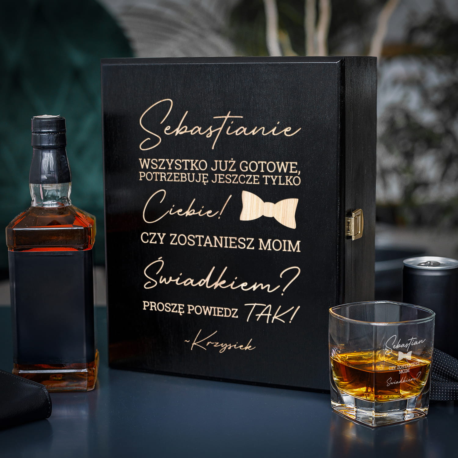 Zestaw Skrzynka na Whisky + Szklanka z Grawerem dla Świadka - Prośba o Świadkowanie - Czy Zostaniesz Moim Świadkiem