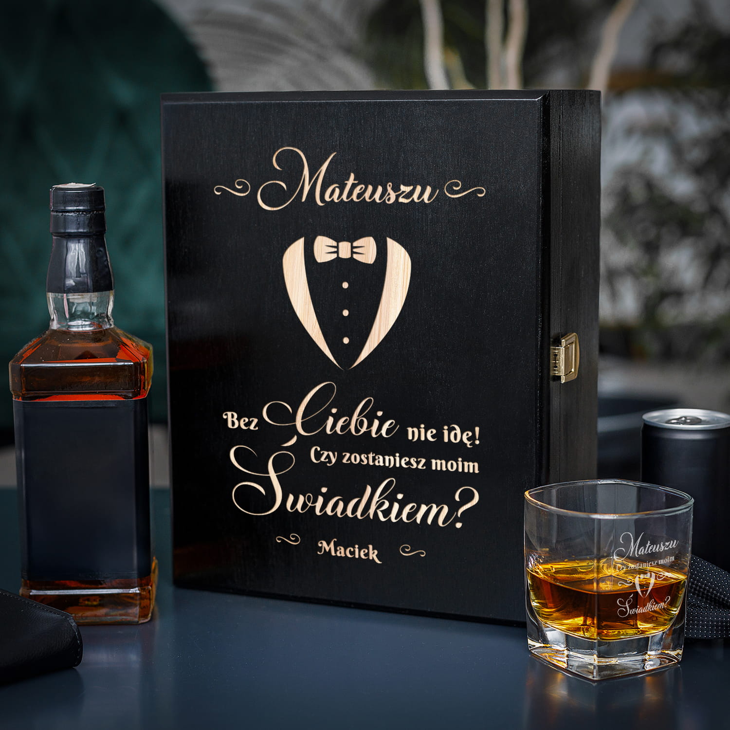 Zestaw Skrzynka na Whisky + Szklanka z Grawerem dla Świadka - Prośba o Świadkowanie - Bez Ciebie nie Idę
