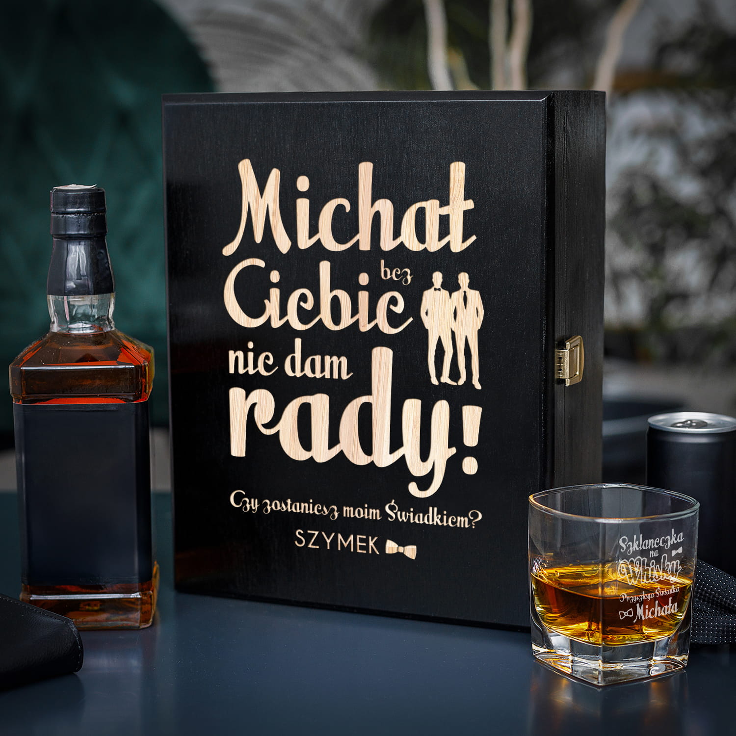 Zestaw Skrzynka na Whisky + Szklanka z Grawerem dla Świadka - Prośba o Świadkowanie - Bez Ciebie nie dam Rady