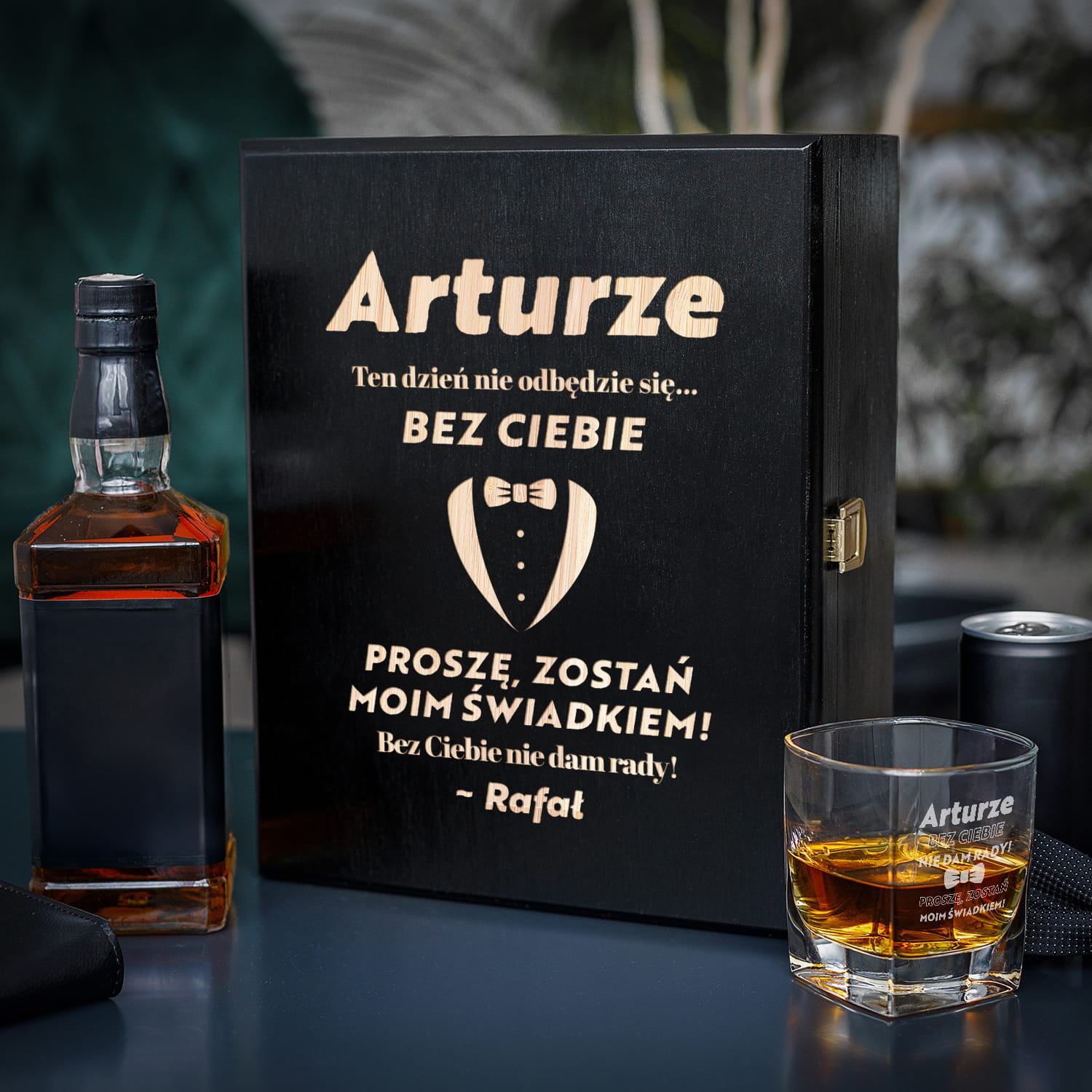 Zestaw Skrzynka na Whisky + Szklanka z Grawerem dla Świadka - Prośba o Świadkowanie - Bez Ciebie nie Dam Rady