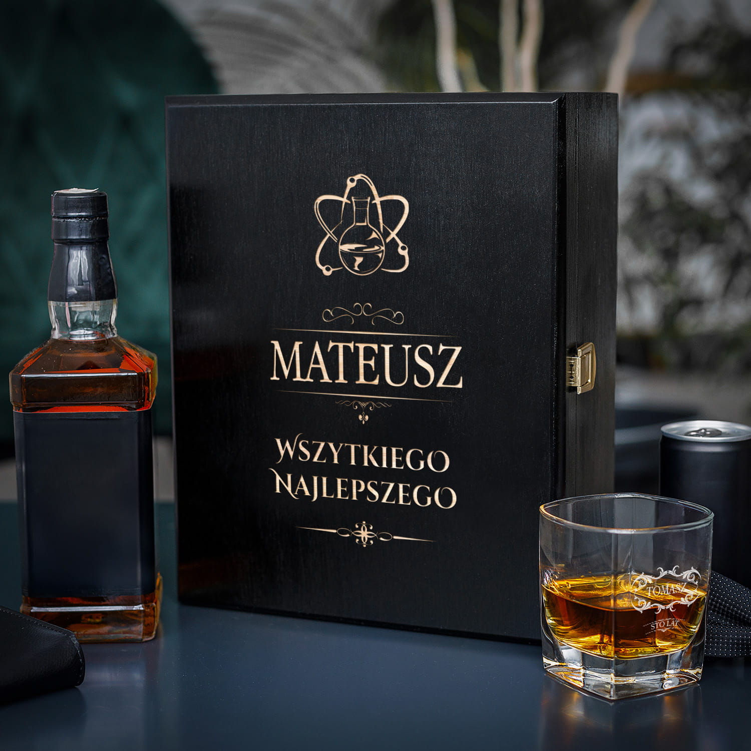 Zestaw Skrzynka na Whisky + Szklanka z Grawerem dla Chemika - Prezent dla Chemika