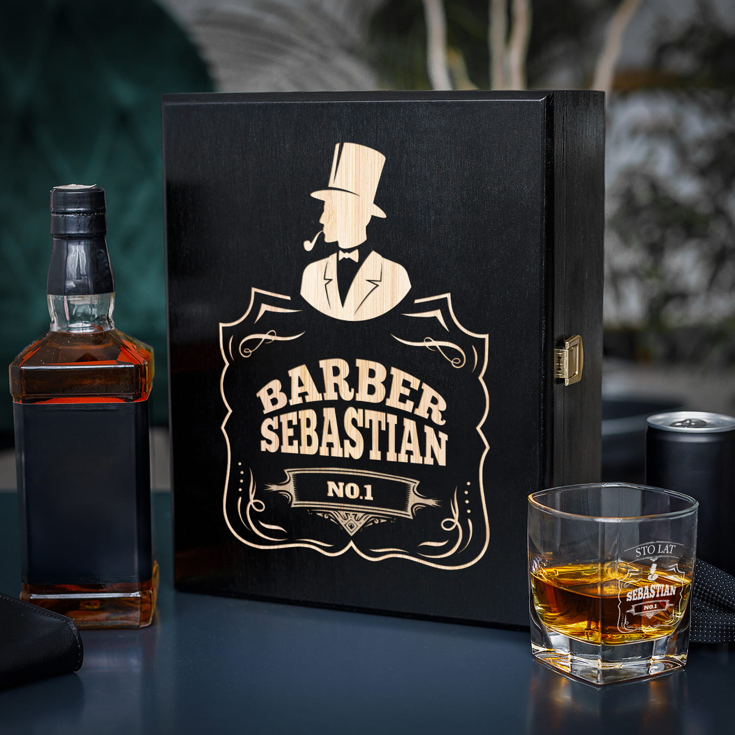 Zestaw Skrzynka na Whisky + Szklanka z Grawerem dla Barbera - Prezent dla Barbera