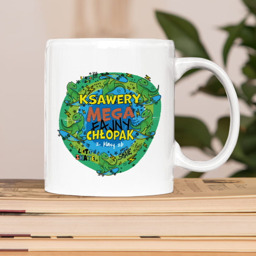Prezent na Dzień Chłopaka w Klasie - Kubek z Imieniem dla Chłopaka - Mega Fajny Chłopak Dino Skate