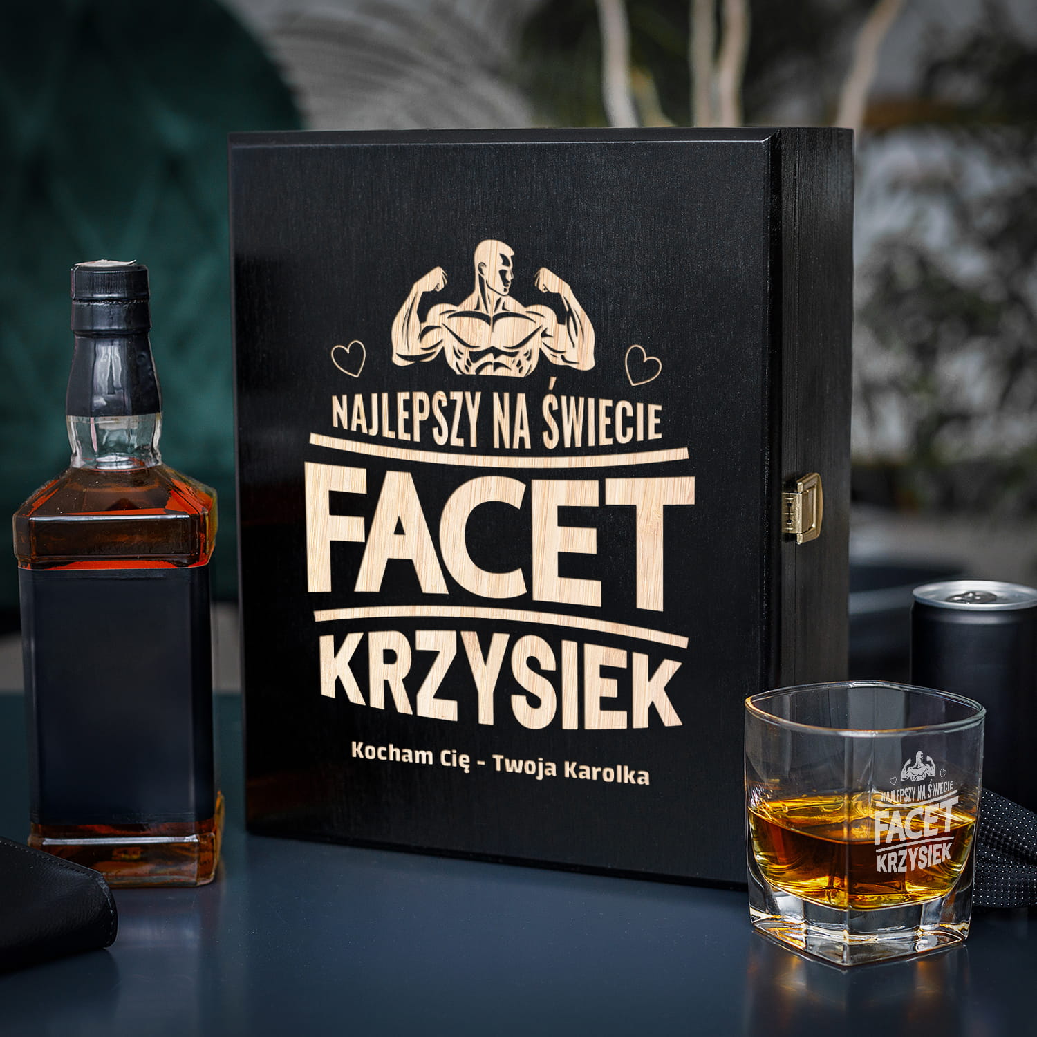 Zestaw Skrzynka na Whisky + Szklanka z Grawerem dla Faceta - Prezent dla Faceta - Prezent na Dzień Chłopaka - Najlepszy Na Świecie