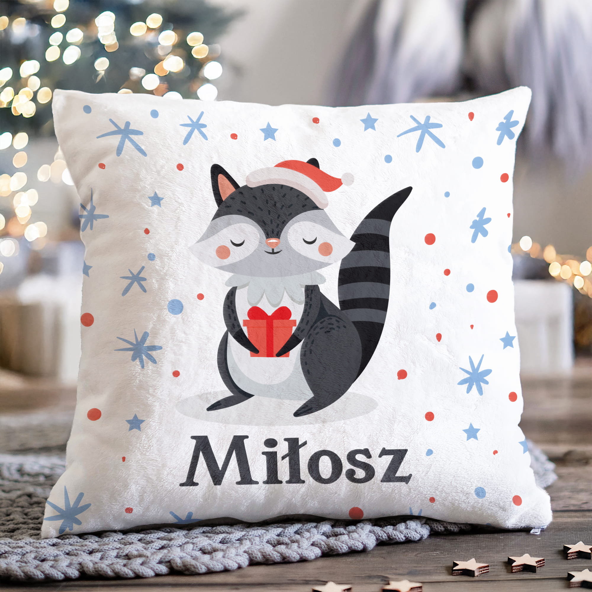 Prezent na Mikołajki Święta dla Dziecka - Mikołajkowa Poduszka Pluszowa Minky z Imieniem - Biały Szop