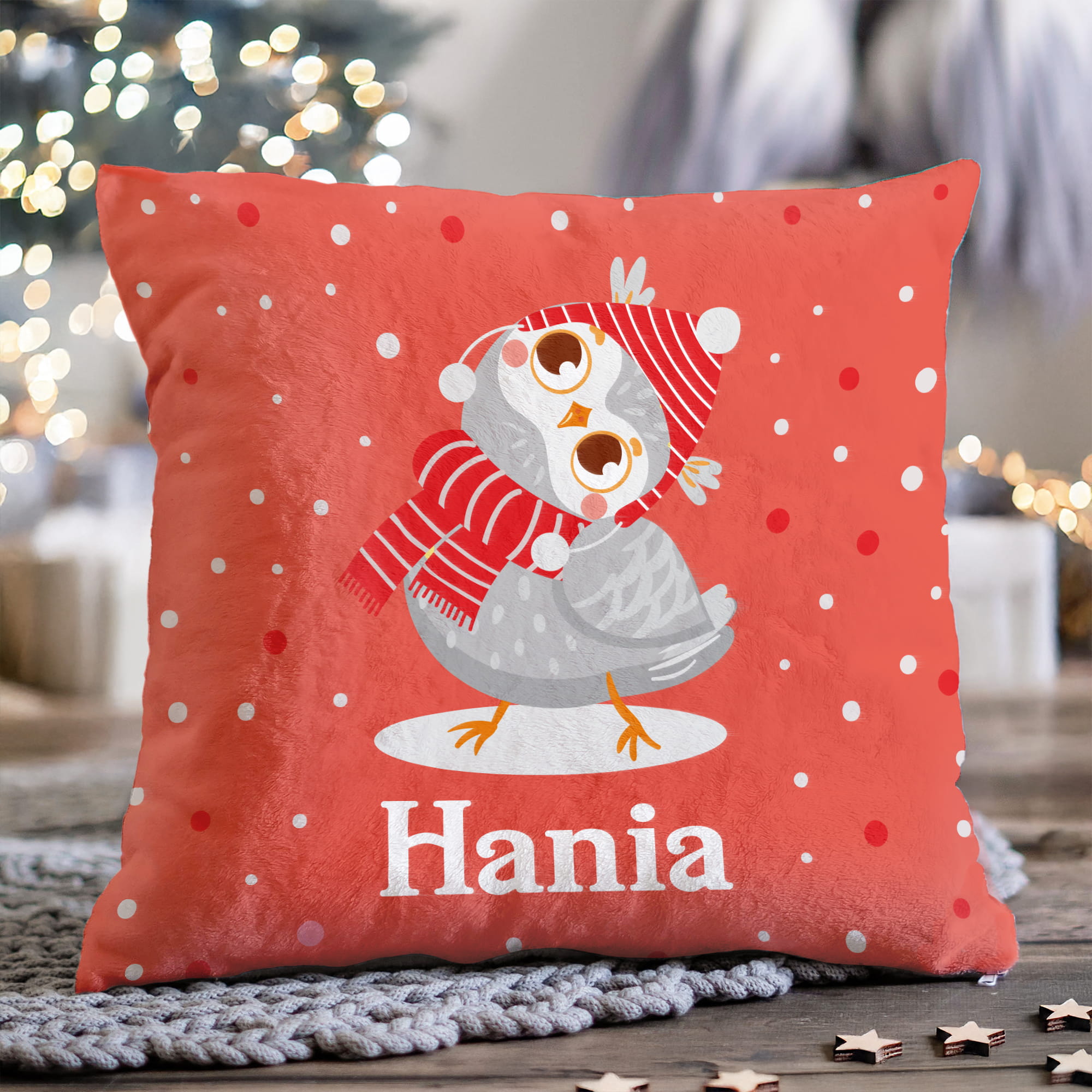 Prezent na Mikołajki Święta dla Dziecka - Mikołajkowa Poduszka Pluszowa Minky z Imieniem - Czerwona Sówka