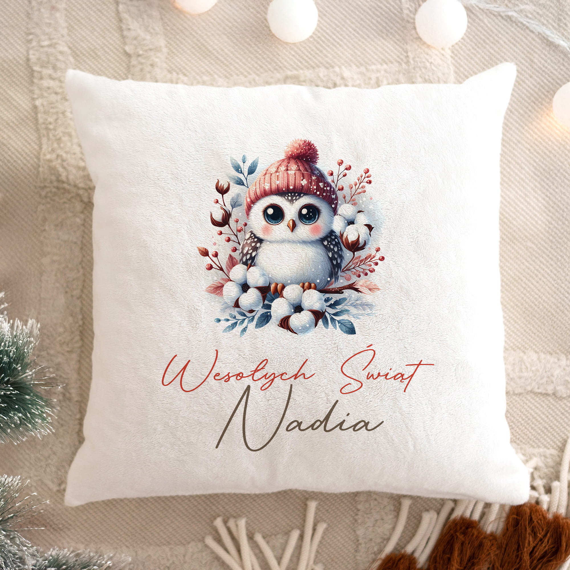 Prezent na Mikołajki Święta dla Dziecka - Mikołajkowa Poduszka Pluszowa Minky z Imieniem - Sówka Biała