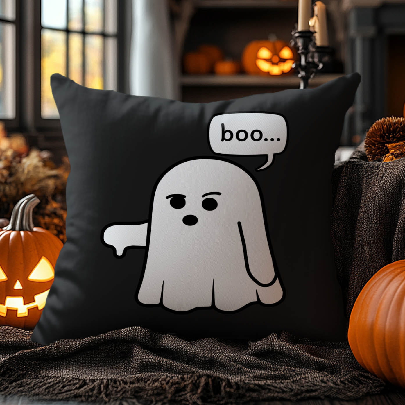 Poduszka Dekoracyjna Halloween - Poduszka Ozdobna z Nadrukiem - Kolekcja Halloween Czarna - Duch