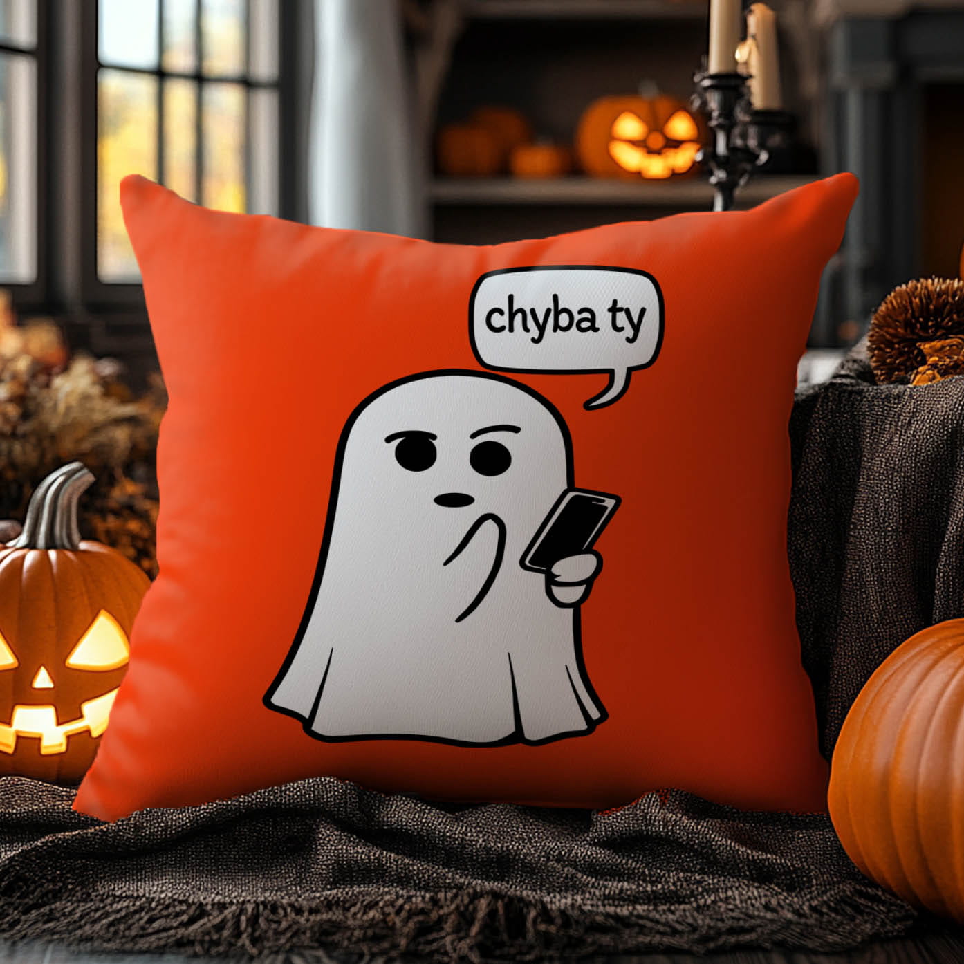 Poduszka Dekoracyjna Halloween - Poduszka Ozdobna z Nadrukiem - Kolekcja Halloween Pomarańczowa - Duch