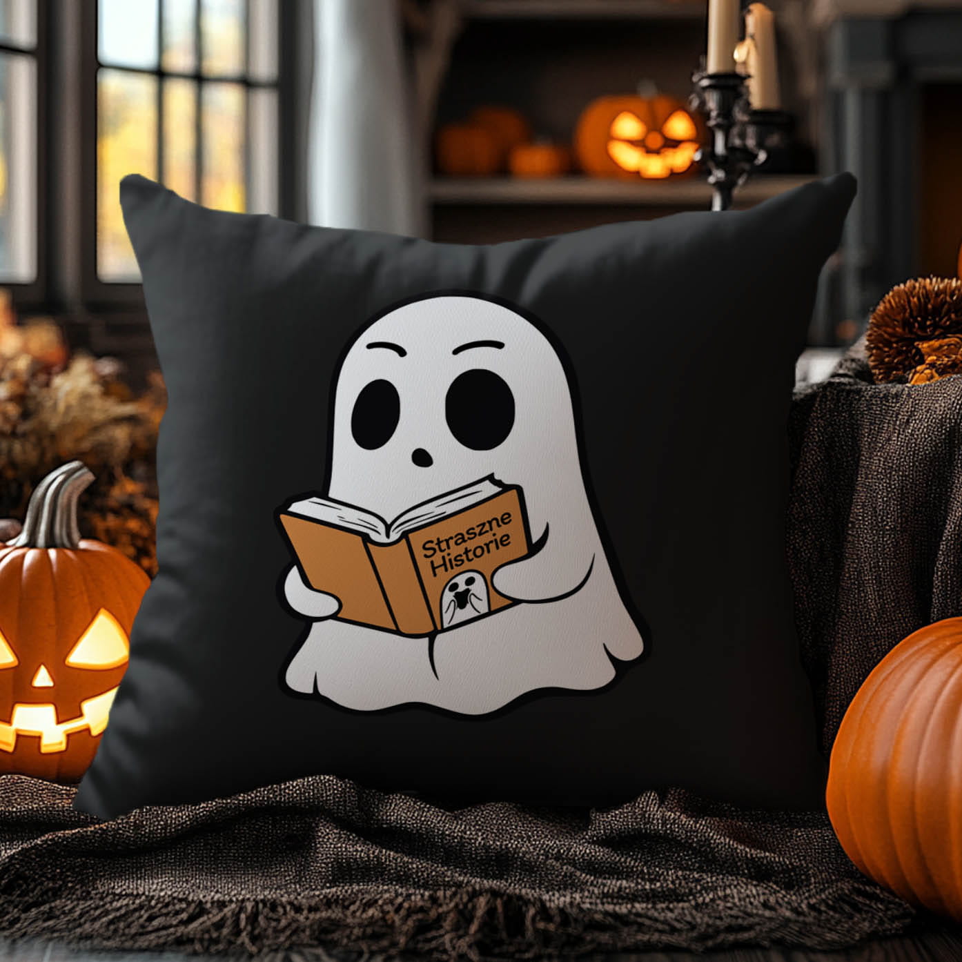 Poduszka Dekoracyjna Halloween - Poduszka Ozdobna z Nadrukiem - Kolekcja Halloween Czarna - Duch