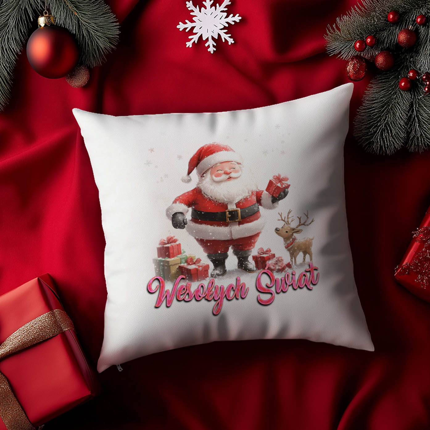 Poduszka Świąteczna z Nadrukiem - Prezent na Święta - Wesołych Świąt Mikołaj Biała