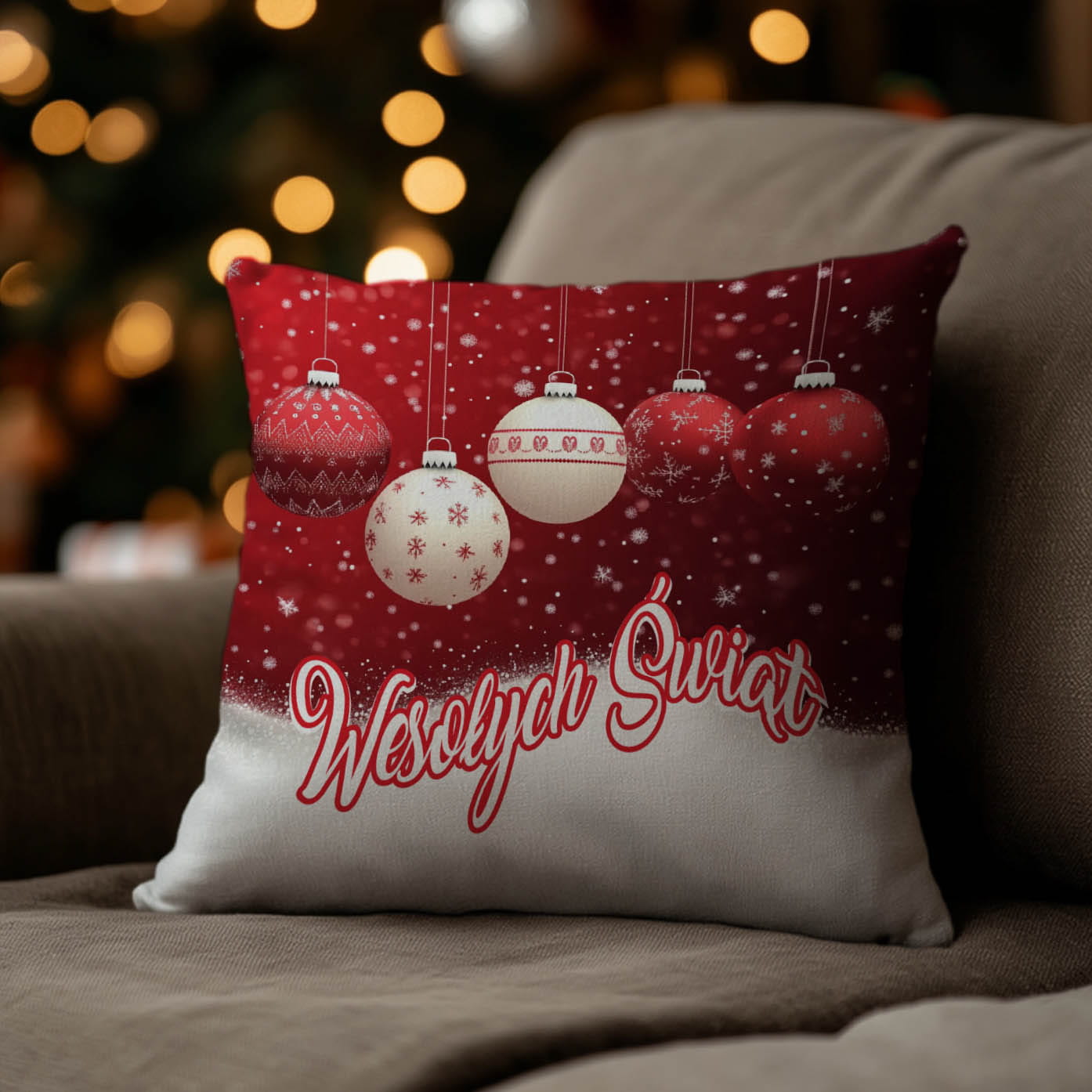 Poduszka Świąteczna z Nadrukiem - Prezent na Święta - Wesołych Świąt Bombki Czerwona