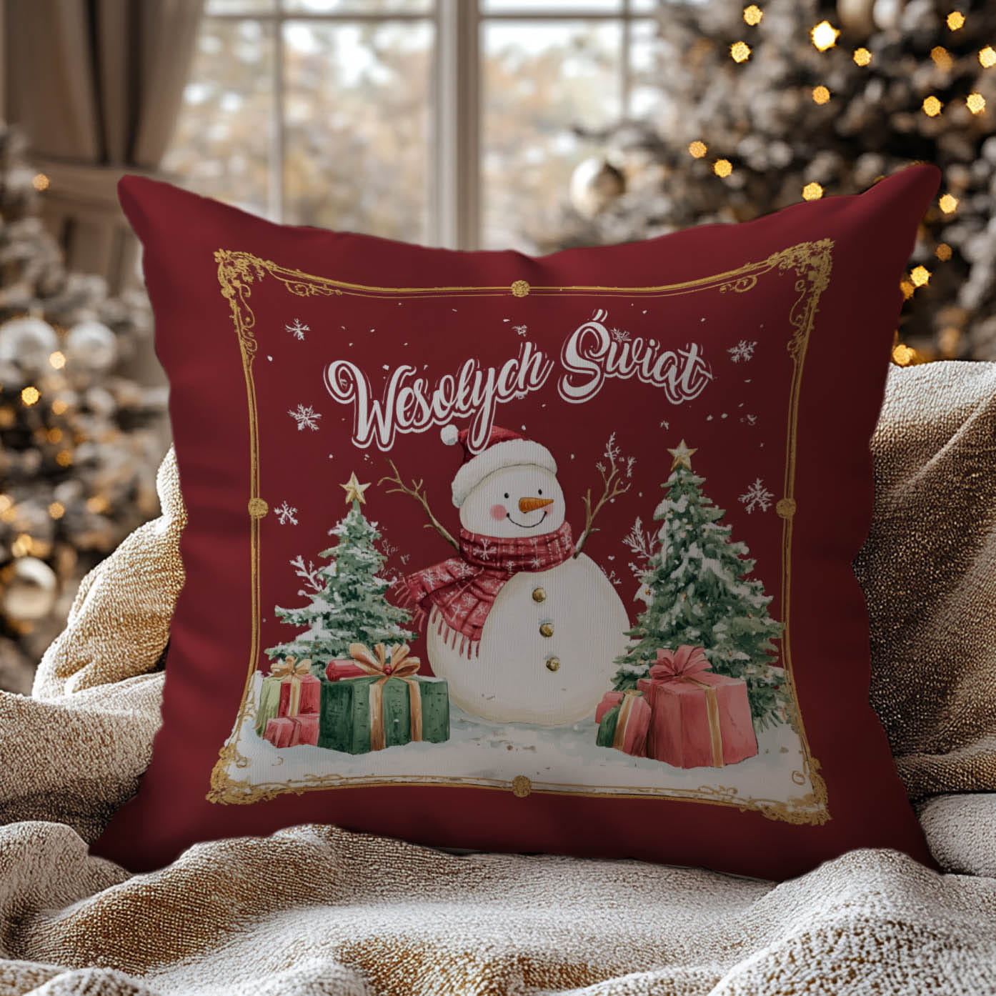 Poduszka Świąteczna z Nadrukiem - Prezent na Święta - Wesołych Świąt Bałwanek Czerwona