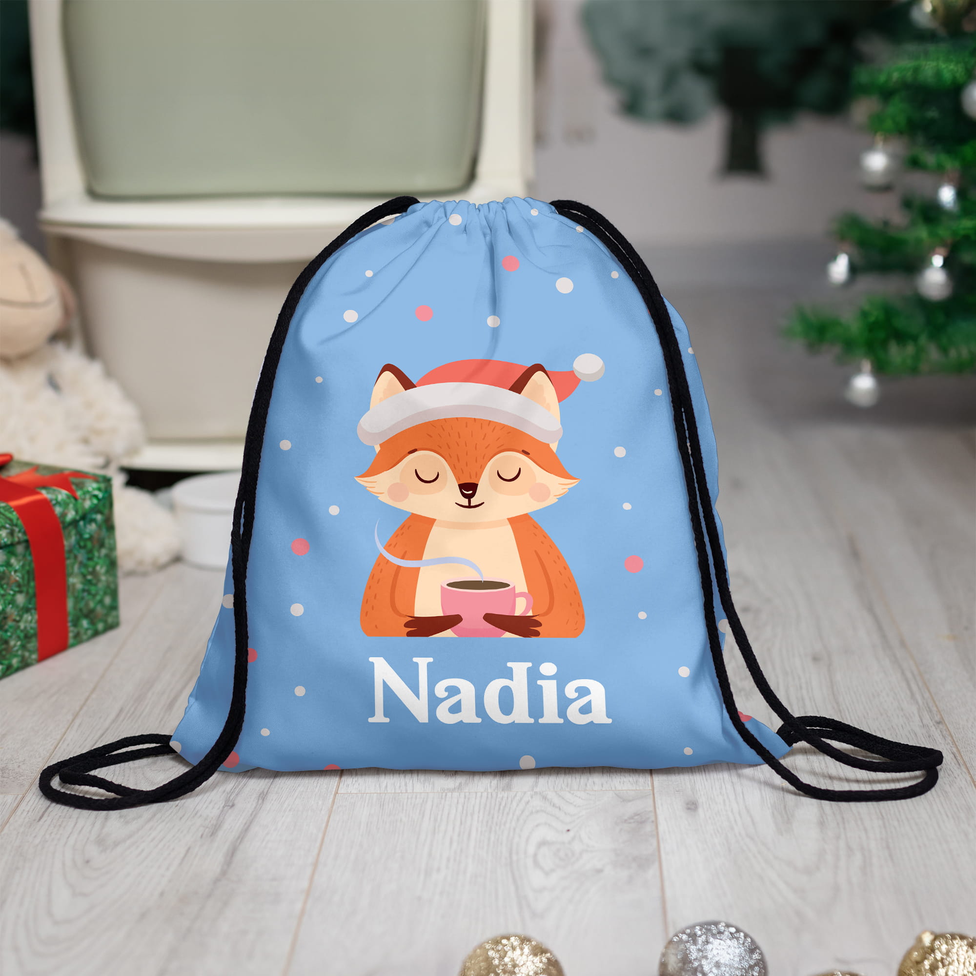 Worek na Buty z Imieniem dla Dzieci - Prezent na Mikołajki Klasowe do Przedszkola Szkoły - Niebieski Lisek