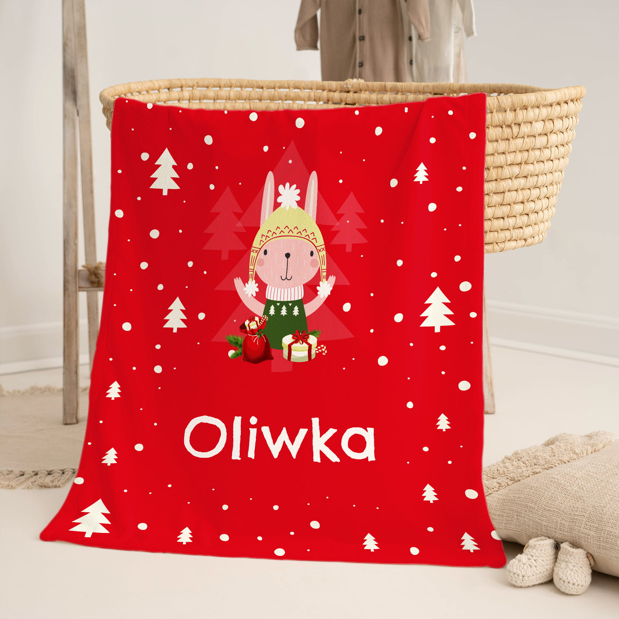 Kocyk Niemowlęcy z Imieniem - Kocyk Pluszowy Minky dla Dziecka - Prezent na Mikołajki, Święta, Gwiazdkę dla dziecka - Czerwony Króliczek