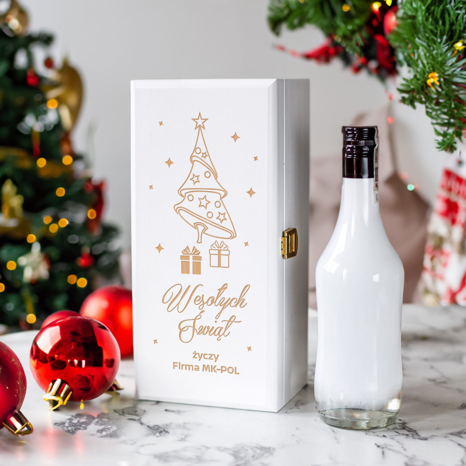 Skrzynka na Alkohol z Logo - Prezent na Święta dla Firm - Prezent Świąteczny z Logo - Wesołych Świąt  - Biała