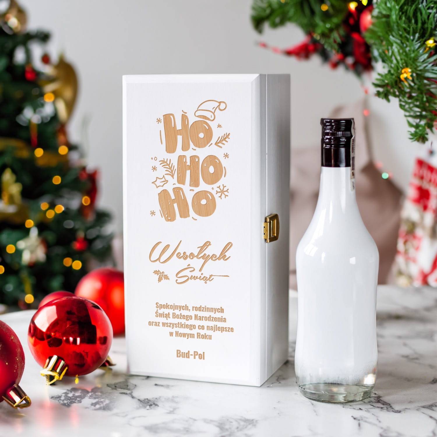 Skrzynka na Alkohol z Logo - Prezent na Święta dla Firm - Prezent Świąteczny z Logo - Wesołych Świąt  - Biała