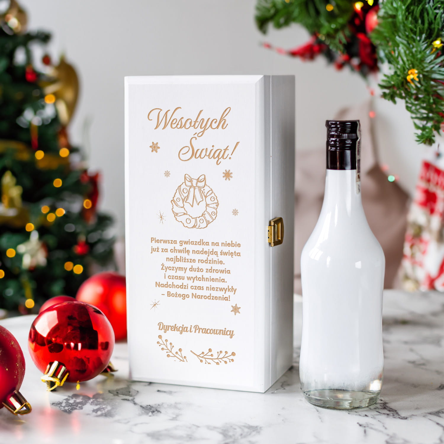 Skrzynka na Alkohol z Logo - Prezent na Święta dla Firm - Prezent Świąteczny z Logo - Wesołych Świąt  - Biała