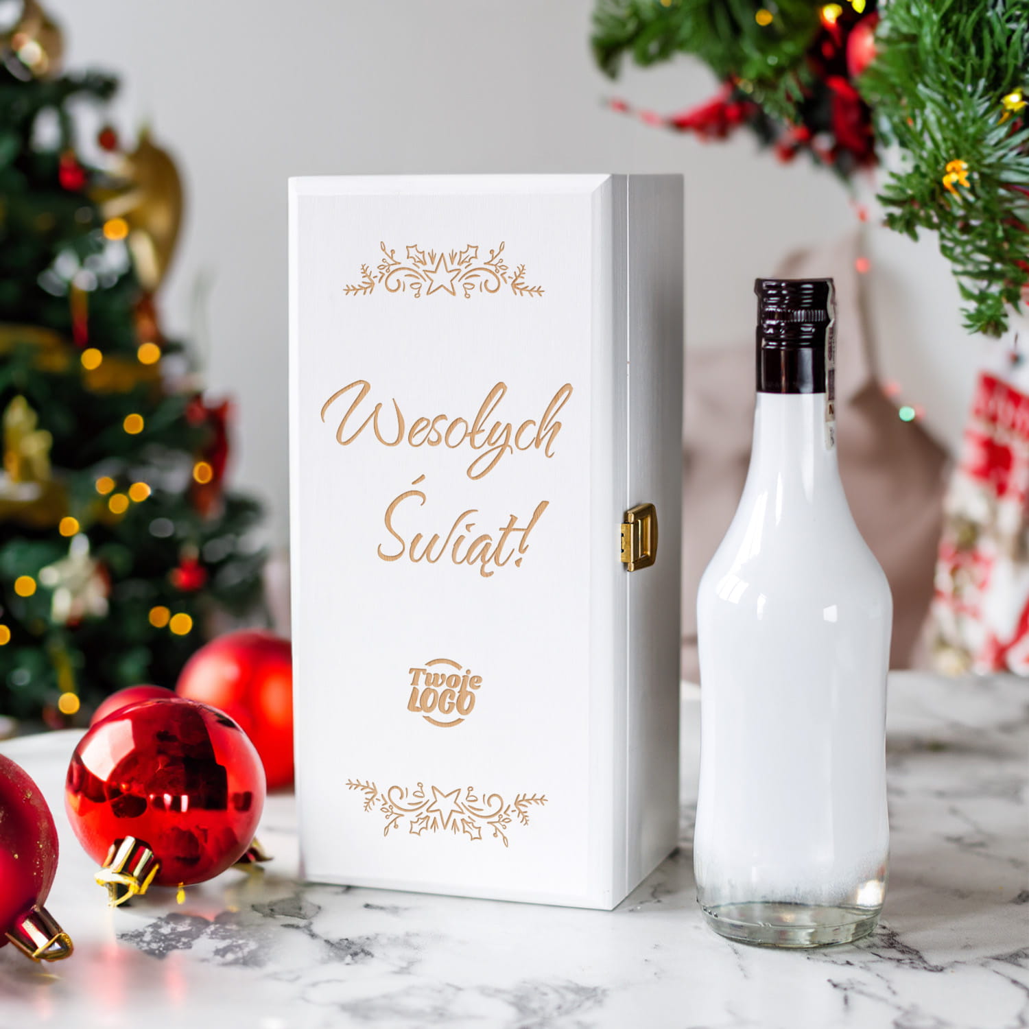 Skrzynka na Alkohol z Logo - Prezent na Święta dla Firm - Prezent Świąteczny z Logo - Wesołych Świąt  - Biała
