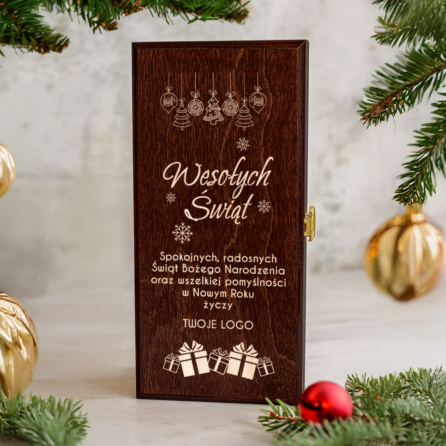 Skrzynka na Alkohol z Logo - Prezent na Święta dla Firm - Prezent Świąteczny z Logo - Wesołych Świąt  - Brązowa