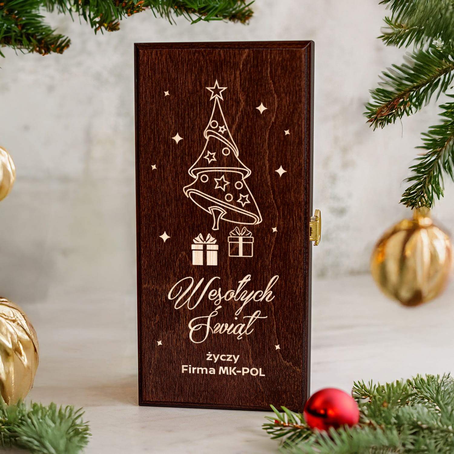 Skrzynka na Alkohol z Logo - Prezent na Święta dla Firm - Prezent Świąteczny z Logo - Wesołych Świąt  - Brązowa