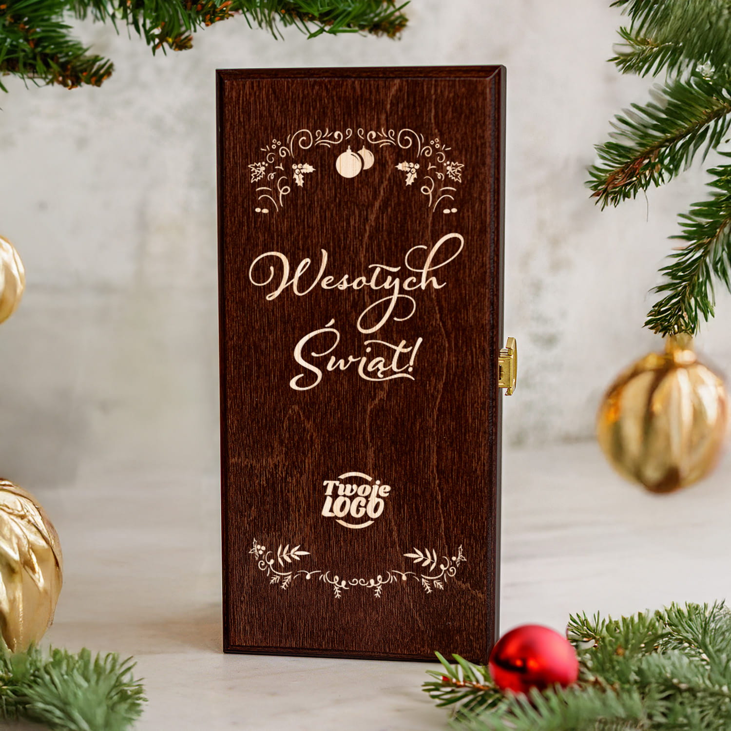 Skrzynka na Alkohol z Logo - Prezent na Święta dla Firm - Prezent Świąteczny z Logo - Wesołych Świąt  - Brązowa
