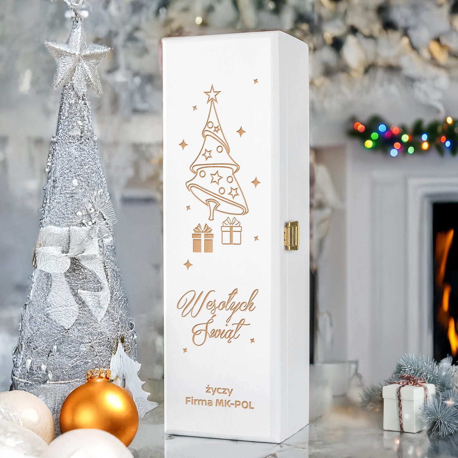 Skrzynka na Wino z Logo - Prezent na Święta dla Firm - Prezent Świąteczny z Logo - Wesołych Świąt  - Biała
