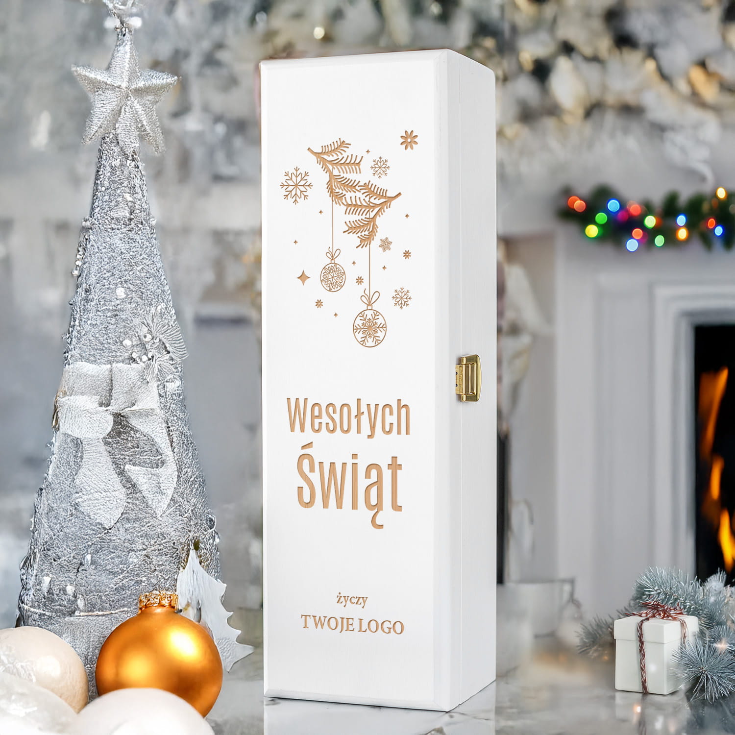 Skrzynka na Wino z Logo - Prezent na Święta dla Firm - Prezent Świąteczny z Logo - Wesołych Świąt  - Biała