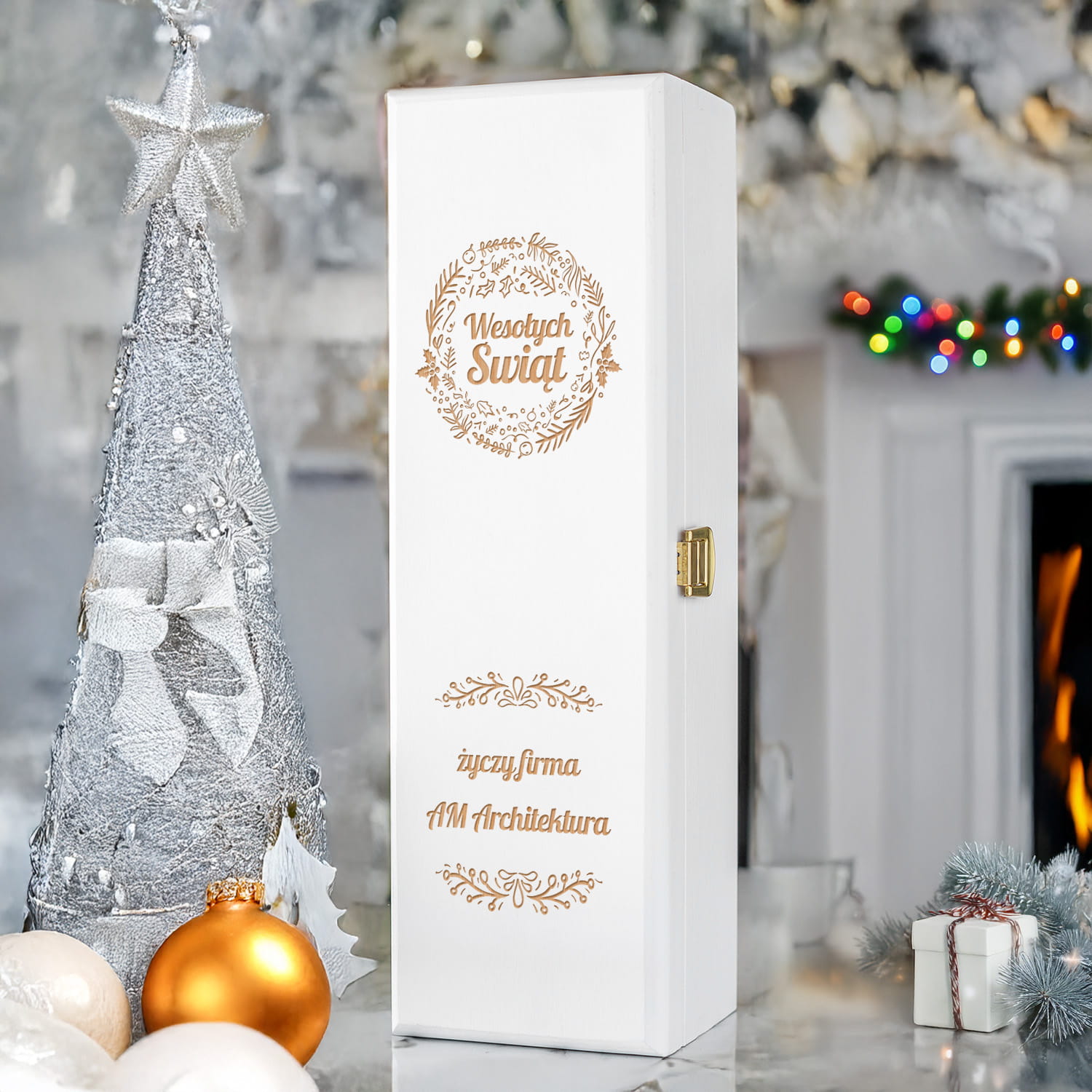 Skrzynka na Wino z Logo - Prezent na Święta dla Firm - Prezent Świąteczny z Logo - Wesołych Świąt  - Biała