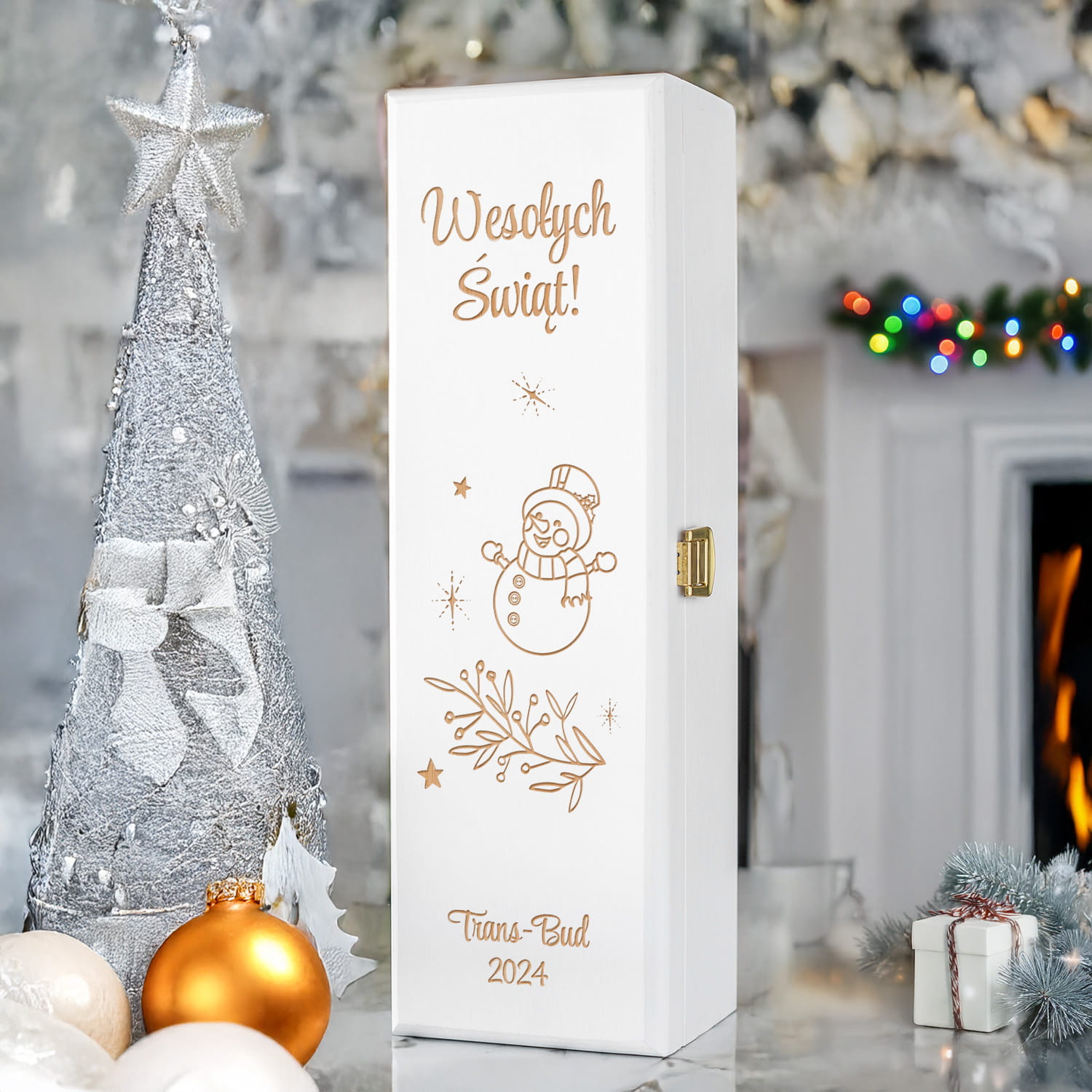 Skrzynka na Wino z Logo - Prezent na Święta dla Firm - Prezent Świąteczny z Logo - Wesołych Świąt  - Biała
