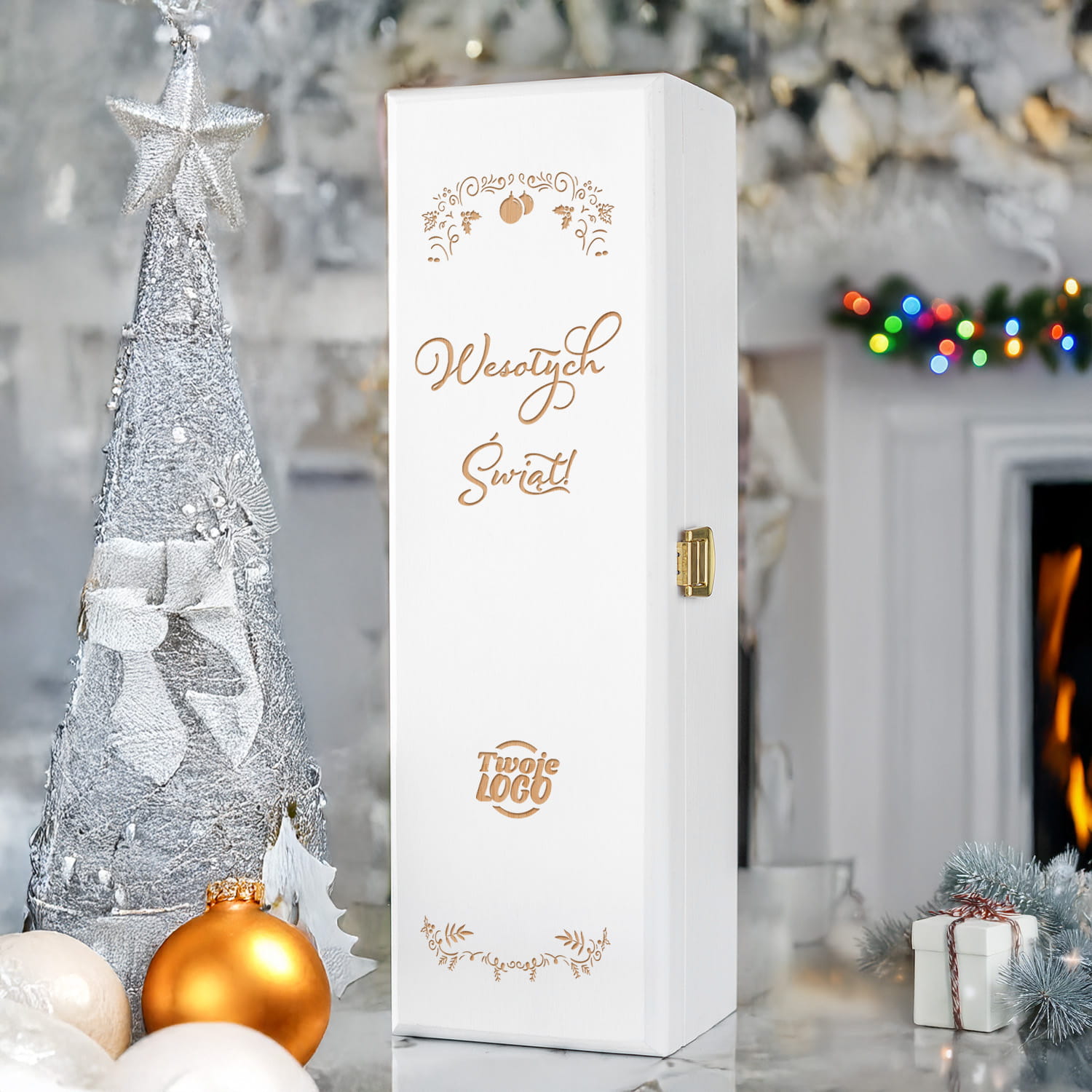 Skrzynka na Wino z Logo - Prezent na Święta dla Firm - Prezent Świąteczny z Logo - Wesołych Świąt  - Biała