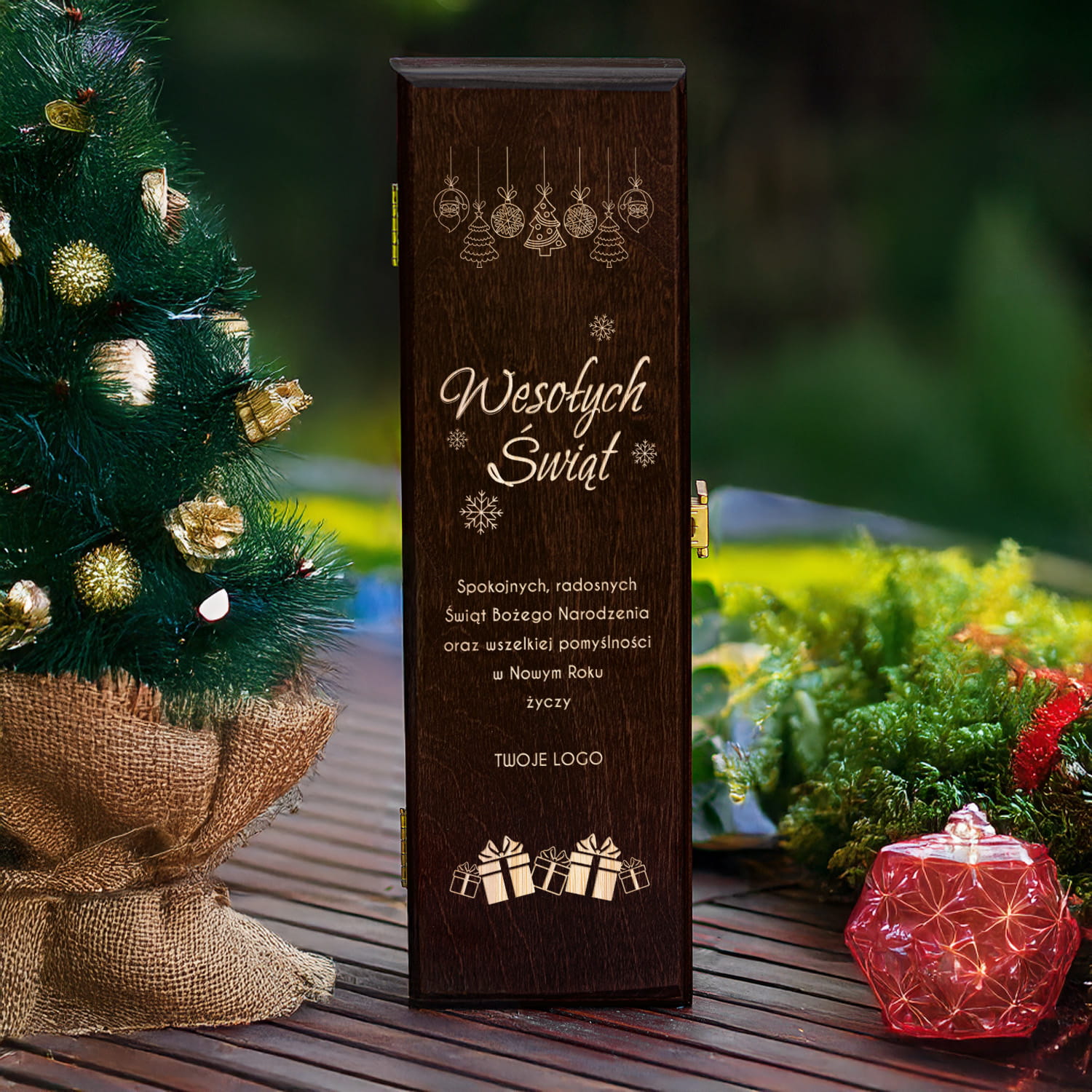Skrzynka na Wino z Logo - Prezent na Święta dla Firm - Prezent Świąteczny z Logo - Wesołych Świąt  - Brązowa